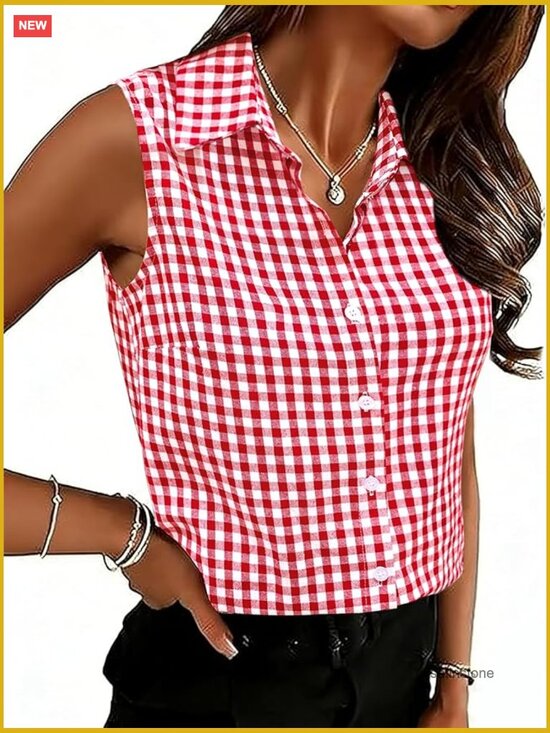 Tops - Women Cotton Gingham Button Down Blouse Slim Fit Sleeveless Top Shirt